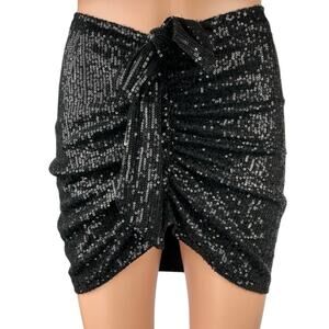 Lioness Diamonds In The Sky Black Sequin Ruched Mini Pencil Bodycon Skirt Sz XS